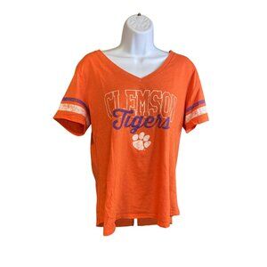 National Collegian Clemson Tigers Womens L Tee Shirt VNeck Orange Striped Paw